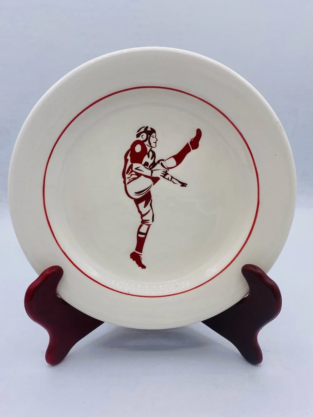 Vintage Williams Sonoma 4 Ceramic Plate  Red Football Player Snack Desert Salad